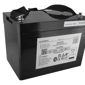 Ultramax LiFePO4 akku 12V 60Ah, bluetooth yhteys, IP65. Paino: 7,1kg